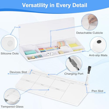Desktop Glass Whiteboard with Storage, Weekly Calendar Desk White Board - color: Organizer-white Weekly Planner