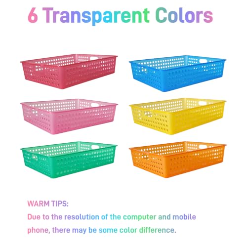 6 Pack Plastic Turn in Paper Trays for Classroom, Storage Bin Baskets - color: Translucent Rainbow