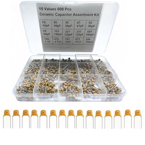 600 Pcs Ceramic Capacitor Assortment Kit - 15 Values from 10pF to 100nF - Multilayer Monolithic Capacitors for DIY Electronics, Repair & Prototyping