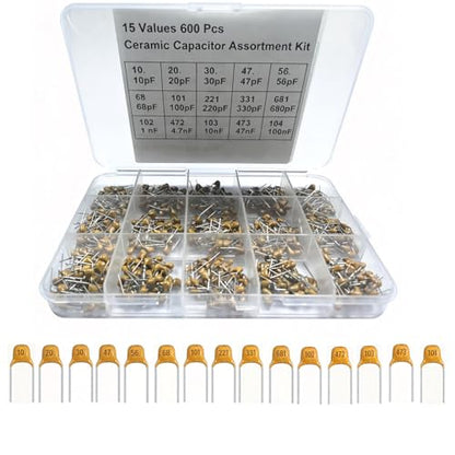 600 Pcs Ceramic Capacitor Assortment Kit - 15 Values from 10pF to 100nF - Multilayer Monolithic Capacitors for DIY Electronics, Repair & Prototyping