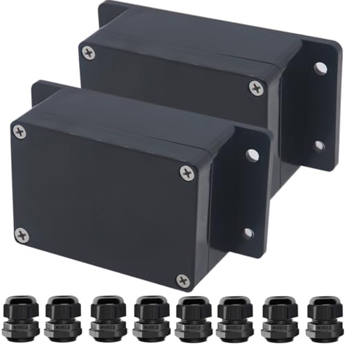 2pcs Project Box ABS Black Electrical Boxes IP65 Outdoor Waterproof Box Electronic Junction Box Fixed Ear Power Enclosure with Cable Glands for DIY Project 3.94 x 2.68 x 1.97 inch - size: 3.94"x2.68"x1.97"(2Pcs)Cable Gland