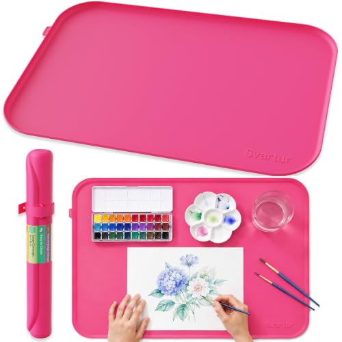 Silicone Art Mat 24" x 16" with Raised Edge, Roll-Up Design with Storage Strap, Multi-Purpose Desk & Table Protector Silicone Craft Mat for Crafts, Painting & DIY, Hot Pink - color: Hot Pink
