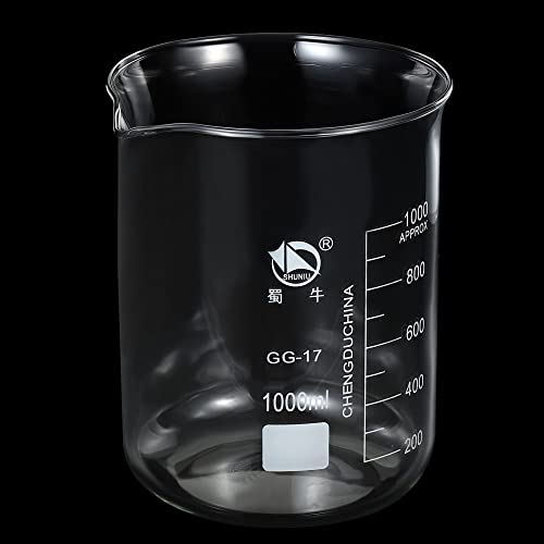 PATIKIL 1000ml Low Form Glass Beaker, 3.3 Borosilicate Glass Graduated Printed Scale Measuring Cups with Spout for Kitchen Lab Liquids Transit Boiling - size: 1000ml