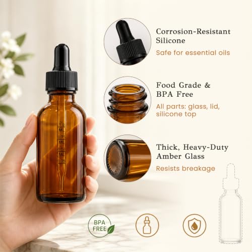PrettyCare 12 Pack 2 oz Amber Glass Dropper Bottles with Graduated Scale, Thick Tincture Bottles for Essential Oils, Hair Oil & Perfume - Refillable Travel Containers with Silicone Tip - color: 2oz Amber with Black Cap, style: 12 Pack