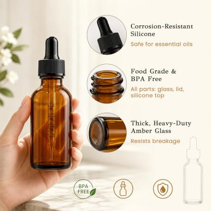 PrettyCare 12 Pack 2 oz Amber Glass Dropper Bottles with Graduated Scale, Thick Tincture Bottles for Essential Oils, Hair Oil & Perfume - Refillable Travel Containers with Silicone Tip - color: 2oz Amber with Black Cap, style: 12 Pack