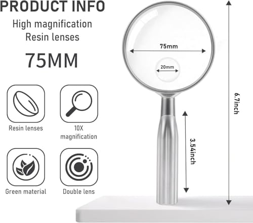 Lakei 10X Reading Magnifying Glass, 75mm Lens, Non-Slip Handle(Silver) - color: Silver, size: 75mm