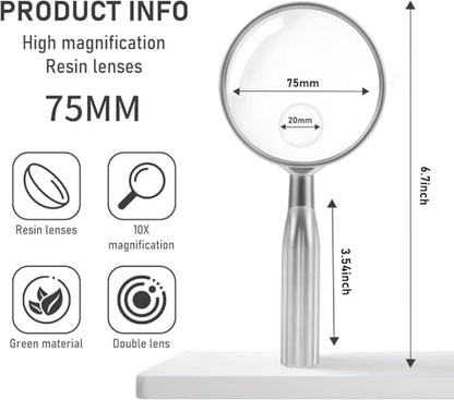 Lakei 10X Reading Magnifying Glass, 75mm Lens, Non-Slip Handle(Silver) - color: Silver, size: 75mm