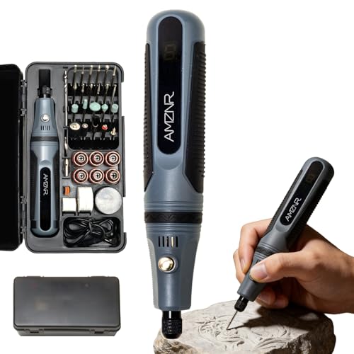 Electric Engraving Pen AMZNR Cordless Mini Engraver Etcher with 82 Accessories, Rechargeable Rotary Tool Engraving Kit for Metal Wood Glass Plastic, Jewelry Making Etching Carving Handheld Micro Drill - color: Gray (Lcd Display)