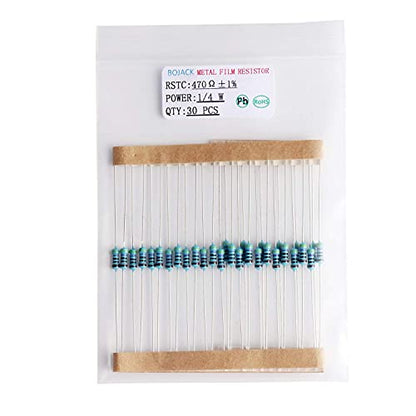 BOJACK 630 Pcs 17 Values Resistor Kit 0 Ohm-1M Ohm with 1% 1/4W Metal Film Resistors Assortment Kit - size: 1/4 W