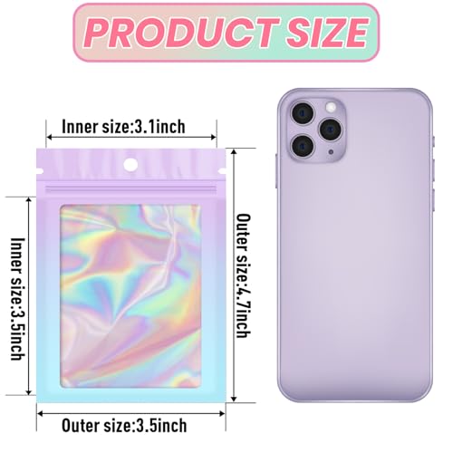 Funfery 100 Pack Gradient Holographic Bags,Mylar Resealable Bags with Zipper,Clear Window Packaging Pouch,Smell Proof Bag for Food Storage,Sample Jewelry Baggies(3.5×4.7in,Purple Blue) - color: Purple Blue, size: 3.5x4.7 Inch