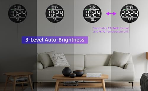 Digital Wall Clock with Large LED Display, Date, Temperature, Auto-Brightness | Small [PLUG-IN] Clock | Modern Electric Wall Clock for Bedroom, Classroom, Living Room, Home, Office, Farmhouse – White - color: White