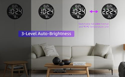 Digital Wall Clock with Large LED Display, Date, Temperature, Auto-Brightness | Small [PLUG-IN] Clock | Modern Electric Wall Clock for Bedroom, Classroom, Living Room, Home, Office, Farmhouse – White - color: White