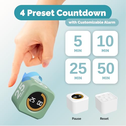 KADAMS Pomodoro Timer – Visual Timer Cube, LED Countdown Ring & Count Up Mode, Silent Flip Productivity Timer for Study, Classroom, Office, Cooking (Green 5-10-25-50 min) - color: Green 5-10-25-50 Min