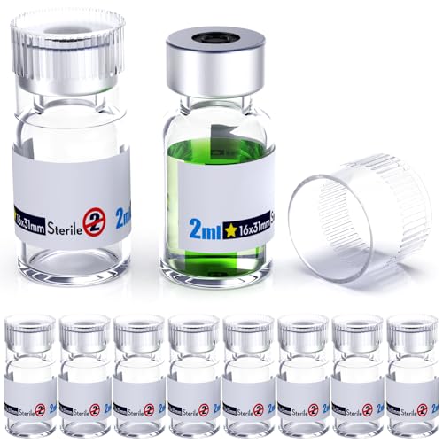 Biomed Solutions Sterile Empty Vial with Reusable Plastic Cap,Ready to Fill Glass Containers, Liquid Injection Bottle Sealed with Self Healing Injection Port (2ml Clear 10pcs) - size: 2ml Clear 10pcs