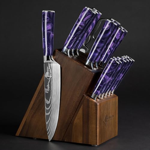 SENKEN 16-Piece Knife Block Set - Japanese High Carbon Stainless Steel with Damascus Pattern, Purple Resin Handles, 6 Steak Knives & Acacia Hardwood Block (Purple) - color: Purple