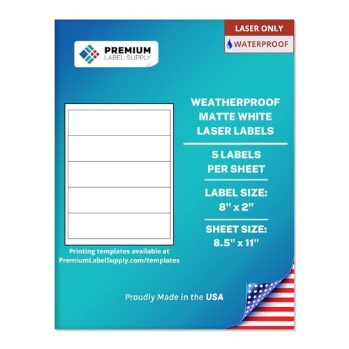 Premium Label Supply Waterproof Matte White Water Bottle Labels – 8" x 2" – Laser Printers Only – (5 per Sheet), 500 Sheets - 2,500 Total Adhesive Labels - size: 2500 Labels