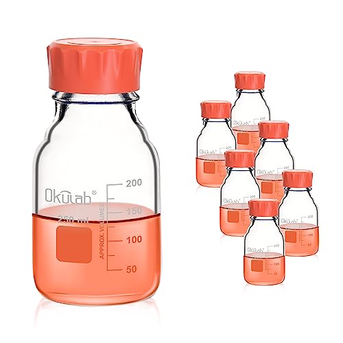 6pcs of 250ml(8.5oz) Round Media Storage Bottles, 3.3 Borosilicate Glass, with GL45 Screw Caps in PP Materia, GL45RB250B6 - style: 6pcs of 250ml