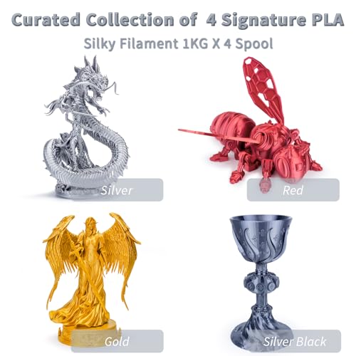 ZIRO Silk PLA Filament Bundle, 4 Packs1.75mm 3D Printing Filament Shiny, Glossy PLA for 3D Printing,1.75mm Metal-Like Surface Rich Color Spool, 1KG x 4 Spool, Silver, Red, Gold, Silver Black - color: Silky Pla-4pack (Silver, Gold, Red, Silver Black)