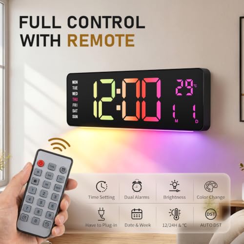 16" Large Digital Wall Clock with RGB LED Display & Remote for Classroom - color: Multicolor