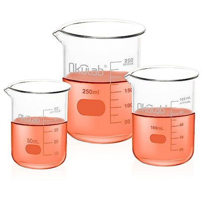 Glass Beaker Set, Low Form, Graduated 3.3 Borosilicate Glass Beakers, Vol.50,100,250mL, for Lab, Classroom, Craft, Kitchen,BKLGS3A1 - style: Vol.50ml,100ml,250ml