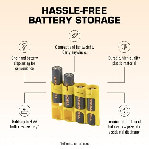 Storacell by Powerpax Slimline AA Battery Storage Caddy, Yellow - Holds 4 Batteries (Not Included) - size: 4 Count (Pack of 1)