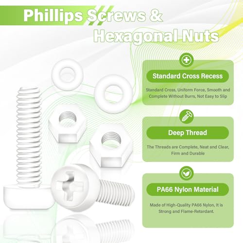 300 Pieces/100 Sets 6mm M3x6 mm Nylon White Screw Nut Washer Kit - size: M3*6 mm, style: White Phillips Head Screws