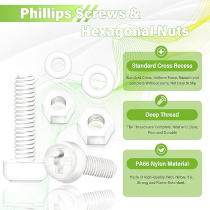300 Pieces/100 Sets 15mm M3x15 mm Nylon White Screw Nut Washer Kit - size: M3*15 mm, style: White Phillips Head Screws