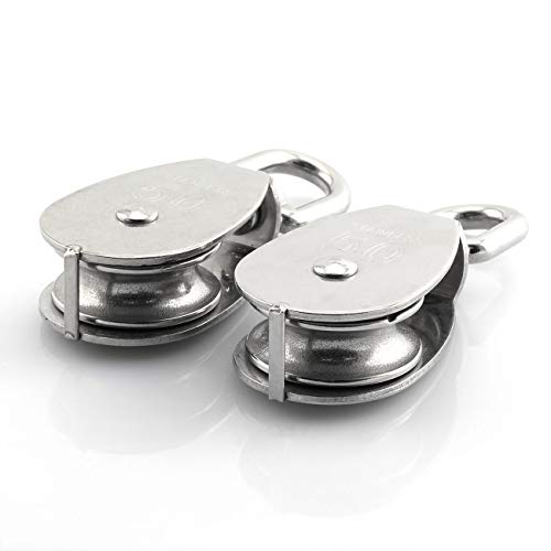 2-Pack M50 Single Pulley Block Stainless Steel Heavy Duty Hardware Single Wheel Swivel Rigging Lifting Wheel Fixed Pulley for Wire Rope Loading 400kg - size: 2-Pack M50