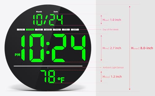 Digital Wall Clock with Large LED Display, Date, Temperature, Auto-Brightness | Small [PLUG-IN] Clock | Modern Electric Wall Clock for Bedroom, Classroom, Living Room, Home, Office, Farmhouse – Green - color: Green