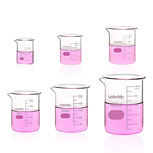 Upgrated 6 Size Low Form Glass Beaker Set, 25ml 50ml 100ml 250ml 500ml 1000ml, 3.3 Boro Glass beakers with Printed Graduation, LVA019 - style: 6 Sizes: 25/50/100/250/500/1000ml