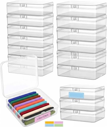 Clear Plastic Crayon Boxes with Lids, Stackable Mini Storage Containers with Dry Erase Labels for Art Crafts, Crayon Organizer for Classroom and Office Supplies (16)