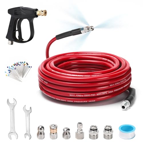 Sewer Jetter Kit for Pressure Washer 50 FT, Drain Cleaner Hose with Power Washer Gun, 1/4 Inch NPT Corner, Rotating and Button Nose Sewer Jetting Nozzle,Waterproof Tape, Pearl Corsage Pin, Spanner - color: Red - With Gun, size: 50FT
