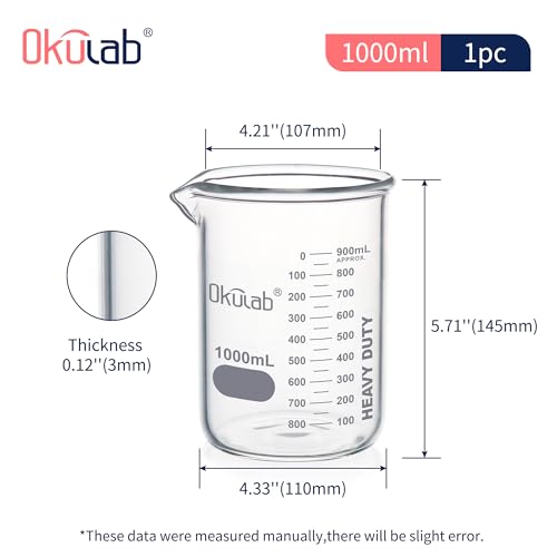 Heavy Duty Glass Beaker Set, Thick-Walled 3.3 Borosilicate Glass Beakers, with Double Scale Printed Graduation, 2pcs of Vol.1000ml, HBKG1000B2 - style: 2pcs of 1000ml