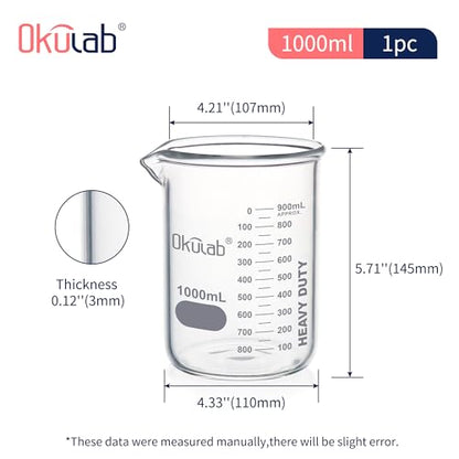 Heavy Duty Glass Beaker Set, Thick-Walled 3.3 Borosilicate Glass Beakers, with Double Scale Printed Graduation, 2pcs of Vol.1000ml, HBKG1000B2 - style: 2pcs of 1000ml