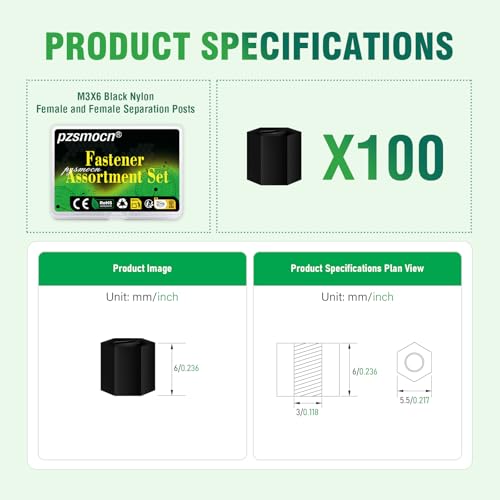 100 Pcs M3x6mm Nylon Black Female-Female Hex Standoff Spacer Kit - size: M3*6 mm, style: Black Female-Female Hex Standoff