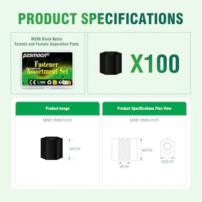 100 Pcs M3x6mm Nylon Black Female-Female Hex Standoff Spacer Kit - size: M3*6 mm, style: Black Female-Female Hex Standoff