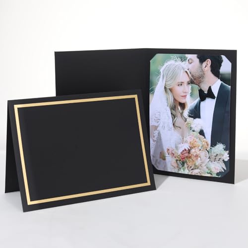 100 Count Photo Folders for 4x6 or 5x7 Pictures,Paper Picture Frames,Cardboard Greeting Photo Frame Cards for Graduation Wedding Birthday Classroom DIY (Black with Gold Trim) - style: 100CT - Black