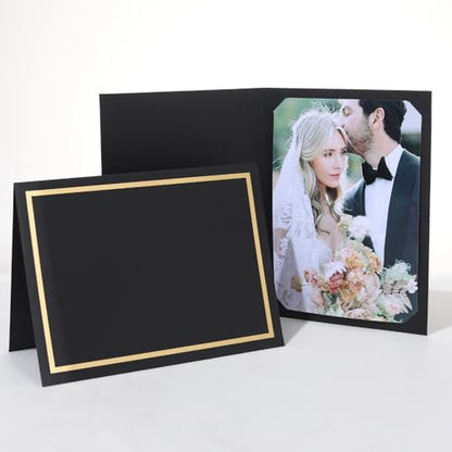 100 Count Photo Folders for 4x6 or 5x7 Pictures,Paper Picture Frames,Cardboard Greeting Photo Frame Cards for Graduation Wedding Birthday Classroom DIY (Black with Gold Trim) - style: 100CT - Black
