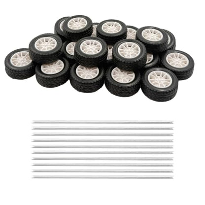 20PCS Small Toy Car Wheel 25mm Model Car Mini Rubber Tire Wheels with 10PCS Shaft Round Rod Axles for DIY Model Toy RC Car Truck Robot Building Accessories (White 2x25mm) - style: White 2x25mm