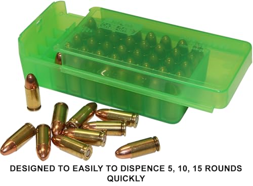 MTM Case-Gard P50SS-9M-16 Side Slide Ammo Box, 50 Round 9mm Luger 380 ACP 30 Luger 30 S Carry 32 S&W 9mm Makarov, USA Made, Clear Green - color: Clear Green