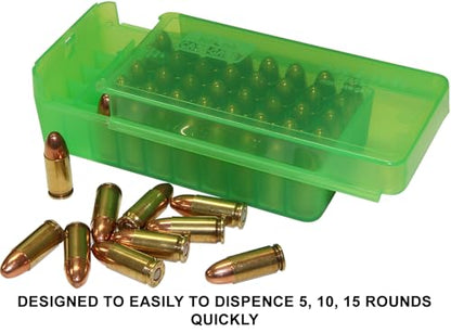 MTM Case-Gard P50SS-9M-16 Side Slide Ammo Box, 50 Round 9mm Luger 380 ACP 30 Luger 30 S Carry 32 S&W 9mm Makarov, USA Made, Clear Green - color: Clear Green