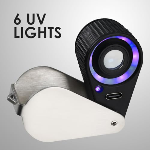 30X Loupe Magnifier USB Rechargeable 6 White and 6 UV Lights, 22mm Optical Lens Illuminated Pocket Foldable Eye Loupe Sewing Magnifying Glass for Watches, Coins, Currency, Stamps,Circuit Board