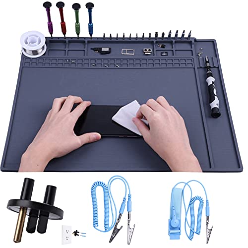 Premium Heat Resistant 932°F Anti Static Mat for Computer, Laptop, Cellphone Electronics Repair, HPFIX ESD Work Mat with Static Grounding Kit Include Grounding Plug, Grounding Cord, ESD Wristband