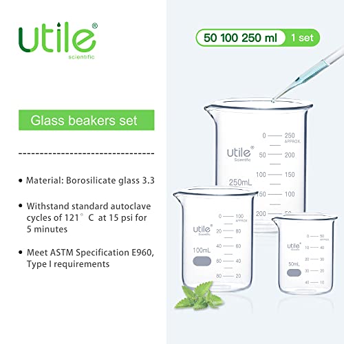 Utile Beaker Set, Low Form Glass Beakers, 3 Sizes of Vol.50ml 100ml 250ml, 3.3 Borosilicate Glass with Double Scale Printed Graduation, 4099.0004.1 - style: 50/100/250ml