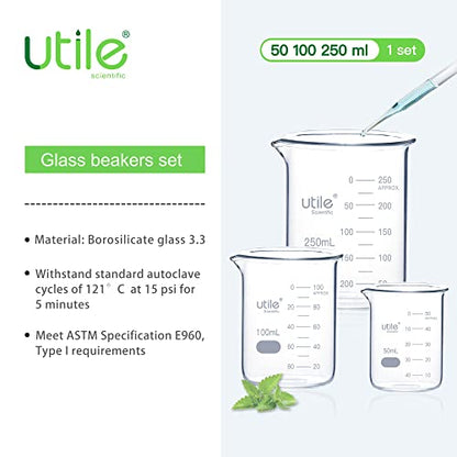 Utile Beaker Set, Low Form Glass Beakers, 3 Sizes of Vol.50ml 100ml 250ml, 3.3 Borosilicate Glass with Double Scale Printed Graduation, 4099.0004.1 - style: 50/100/250ml