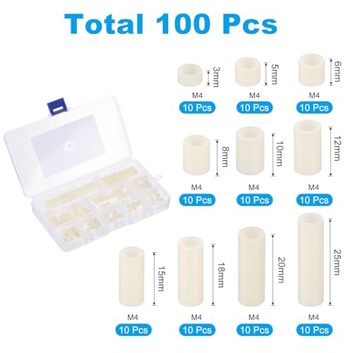 PATIKIL M4 Nylon Spacer Set, 100Pcs Non-Threaded ABS Round Spacer Standoff Assortment Electrical Outlet Spacers for PCB Motherboard, Circuit Board, Switch and Receptacle, White - color: White, size: M4