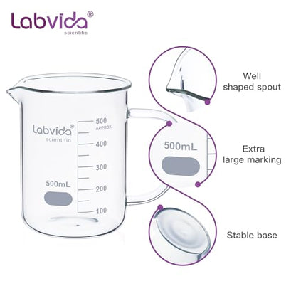 2pcs Beakers with Handle, 500ml, 3.3 Borosilicate Glass, Griffin Low Form Beaker Mug with Printed Graduation, LVAT001 - color: 2PCS of Vol. 500ml