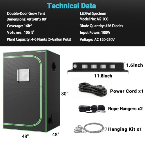 4x4 Grow Tent Kit with LED Grow Light, 48"x48"x80" 1680D Mylar Indoor Grow Tent Starter System with AG1000 100W Full Spectrum Dimmable Plant Light for Hydroponics, Herbs, Vegetables, Seedlings - size: 48" x 48" x 80"