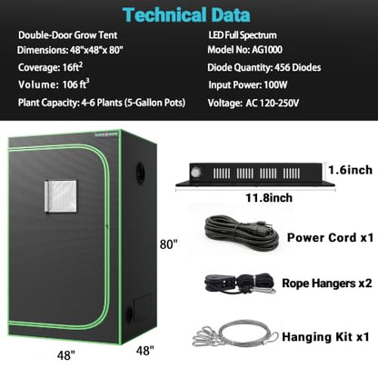 4x4 Grow Tent Kit with LED Grow Light, 48"x48"x80" 1680D Mylar Indoor Grow Tent Starter System with AG1000 100W Full Spectrum Dimmable Plant Light for Hydroponics, Herbs, Vegetables, Seedlings - size: 48" x 48" x 80"
