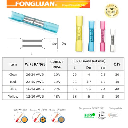 110pcs Heat Shrink Butt Connectors Kit 26-10 Gauge Solder Seal Wire Connectors Waterproof Insulated Electrical Quick Splice Wire Crimp Terminals